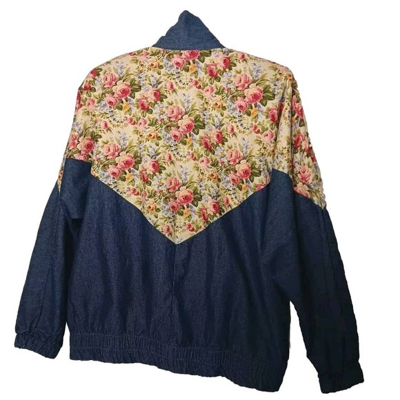 Vintage Womens M Jacket Lightweight Chambray Floral Peony Alice Martin Zip Up - Picture 2 of 16